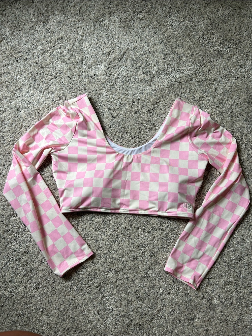 Albion Pink and White Checkered Long Sleeve Bikini Top